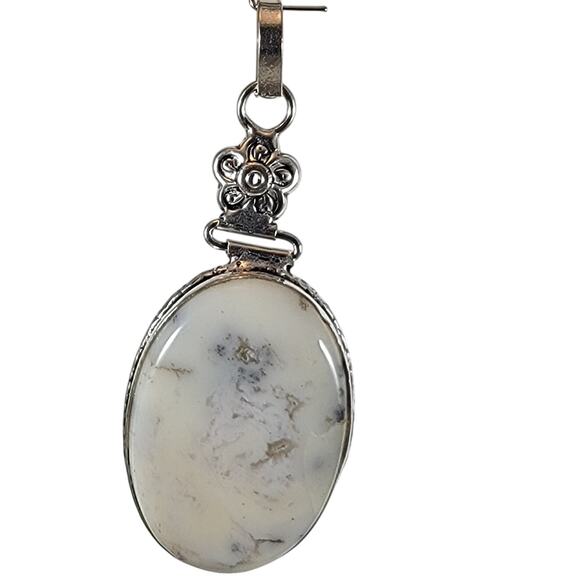 Handmade Silver Pendant With White Dendritic Opal & Floral Bail Detailing - Picture 1 of 10